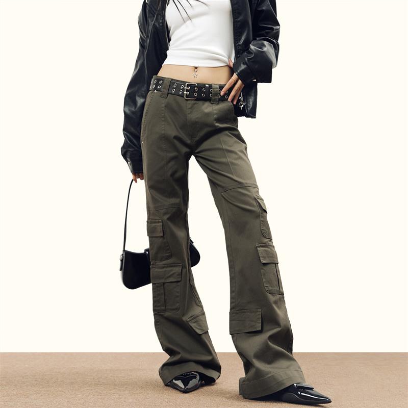 FORSCHE 美式复古多口袋低腰工装裤女修身显瘦辣妹拖地微喇叭裤