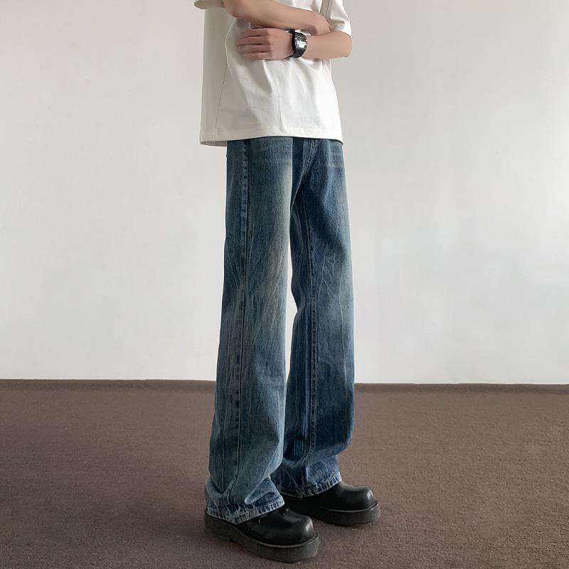 DOFERNERY 微喇牛仔裤男直筒美式高街vibe闪电纹蓝色显瘦春秋裤子