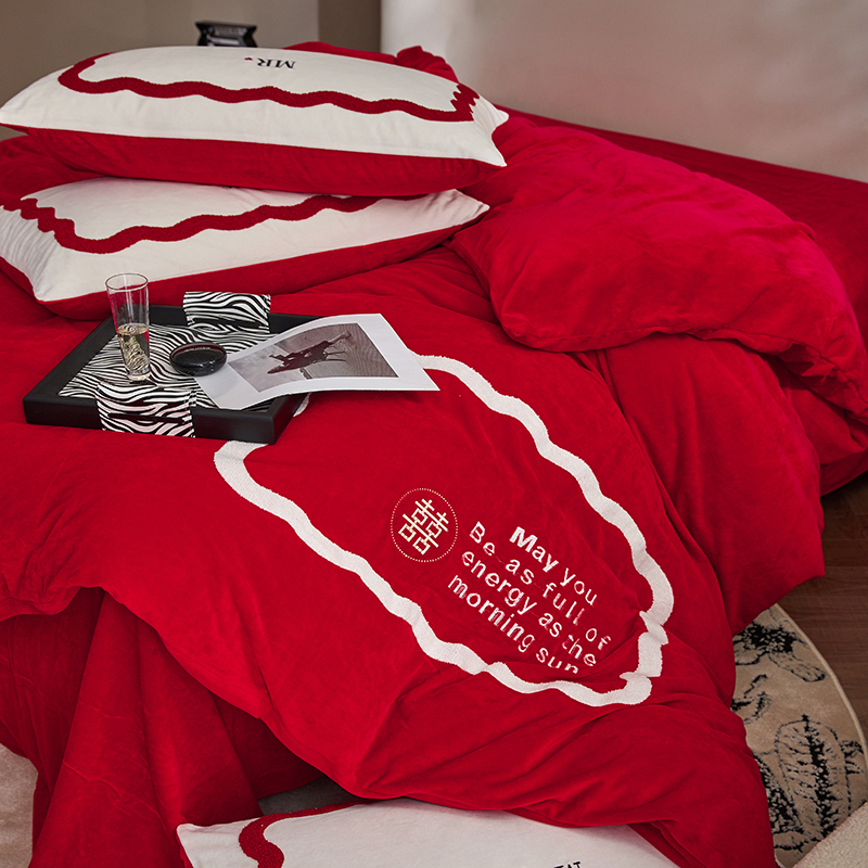 极速轻奢大红色牛奶绒p婚庆四件套冬季加厚绒被套床结婚床上用品