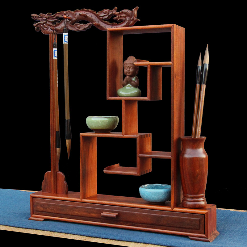 极速实木创意多j功能毛笔架笔挂红木带抽屉带笔筒笔架子博古架文