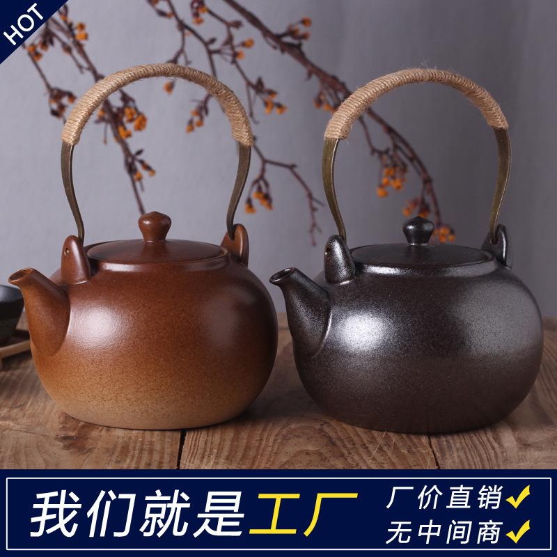 日式复古黑色原矿陶土耐高温陶壶养生陶瓷壶提梁壶煮茶壶煮水壶