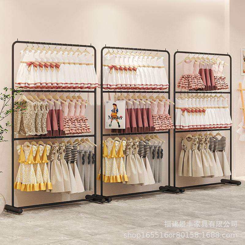 铁艺黑色童装店展示架落地式简约多层陈列直播间摆摊衣服侧挂衣架