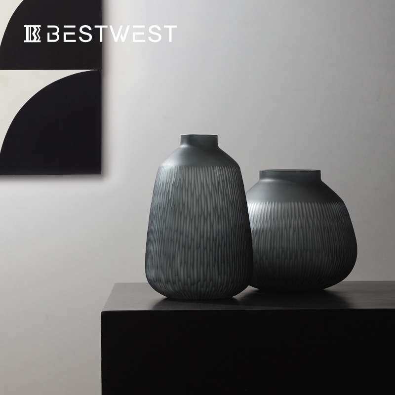 Best west 中式竖楞纹烟灰黑色小口玻璃花瓶家居玄关软装饰品花器