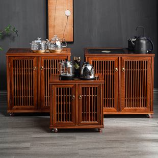 实木移动茶台双门整装茶柜茶车客厅花梨木烧水台餐边柜现代简约
