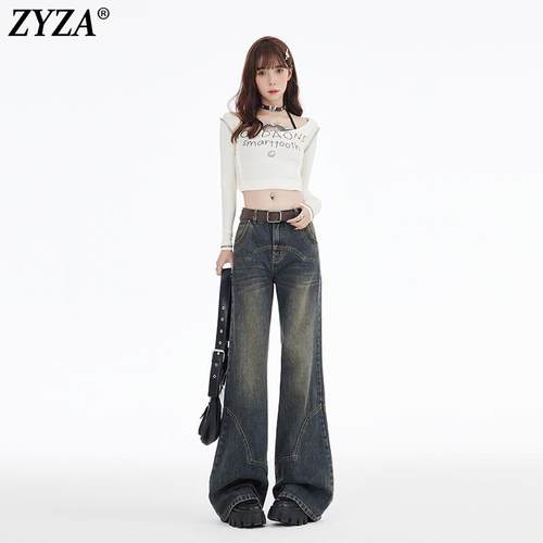 ZYZA美式复古阔腿加绒牛仔裤女2024秋冬新款高腰直筒宽松显瘦裤子