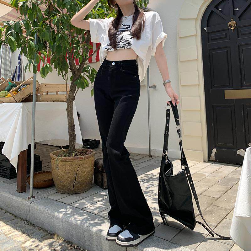 TROZZ黑色高腰显瘦弹力微喇叭牛仔裤女梨形小个子直筒阔腿长裤子