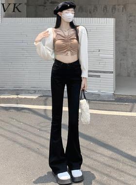 vfvk高腰黑色微喇牛仔裤女秋冬新款小个子紧身喇叭裤马蹄加绒裤子