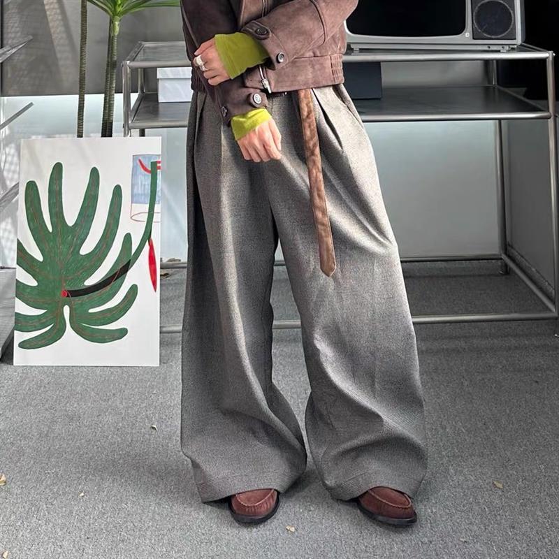 IWTFF 千鸟格麂皮打褶拼接老钱休闲西裤复古高智直筒阔腿长裤