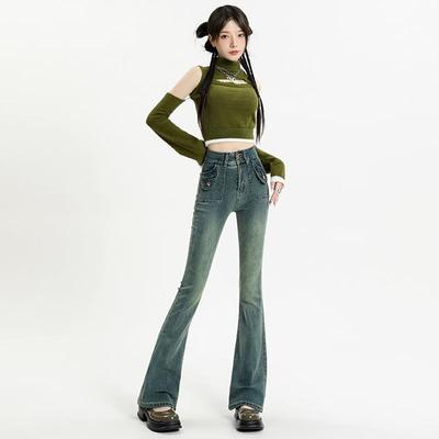 MNVZ新款复古微喇叭牛仔裤女高腰修身显瘦欧美风设计感小众马蹄裤