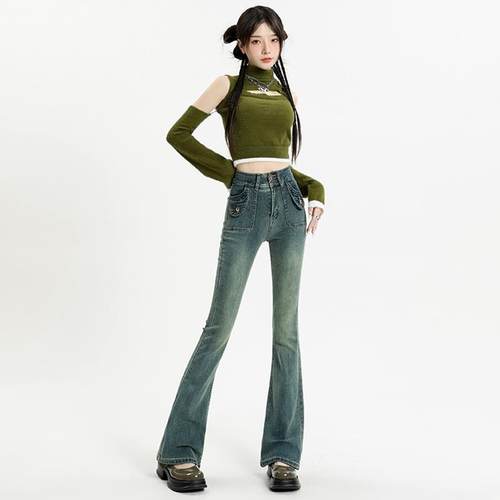 MNVZ新款复古微喇叭牛仔裤女高腰修身显瘦欧美风设计感小众马蹄裤