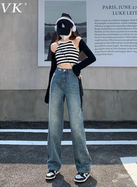 vfvk复古直筒牛仔裤女2024新款加绒裤子秋冬小个子宽松窄版阔腿裤