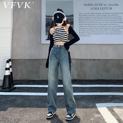 vfvk复古直筒牛仔裤女2024新款加绒裤子秋冬小个子宽松窄版阔腿裤