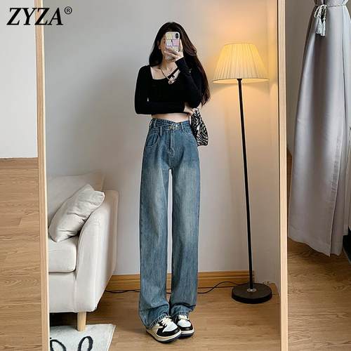 ZYZA旗舰店直筒牛仔裤女秋冬设计感小众宽松裤子小个子阔腿裤加绒