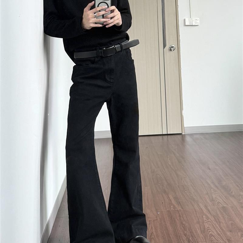 GMCS  巴黎cleanfit黑色弯刀牛仔裤美式复古显瘦弹力直筒微喇叭裤