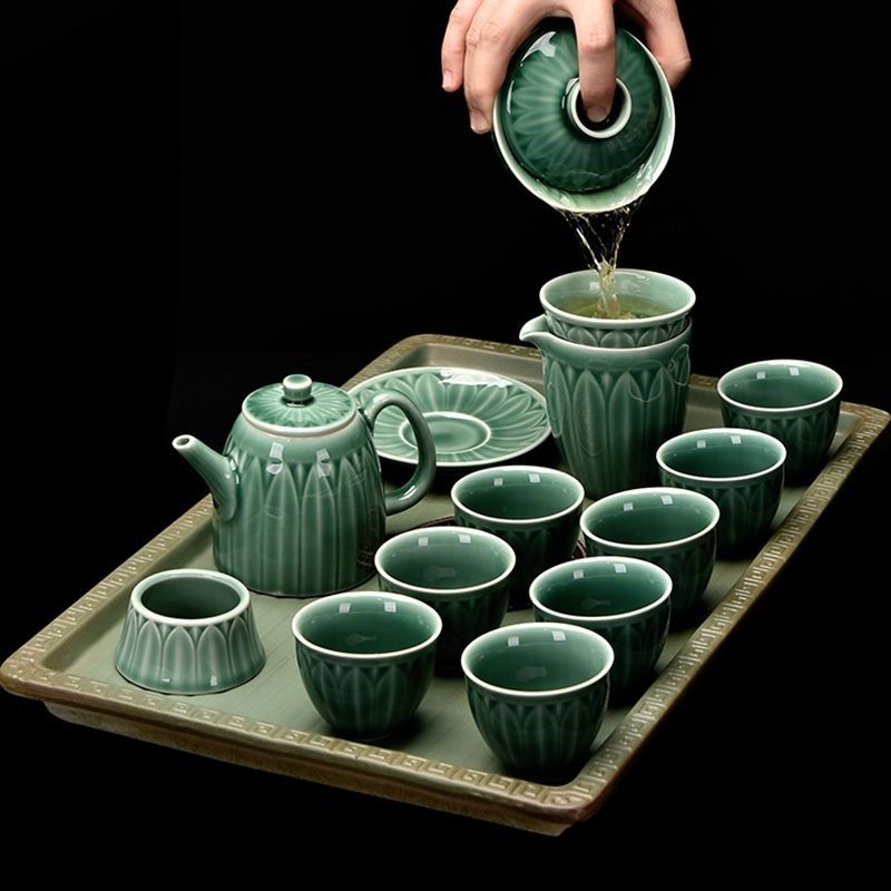 极速莲花青瓷功夫茶具套装陶瓷家用盖碗茶壶茶杯T办公简约茶道茶