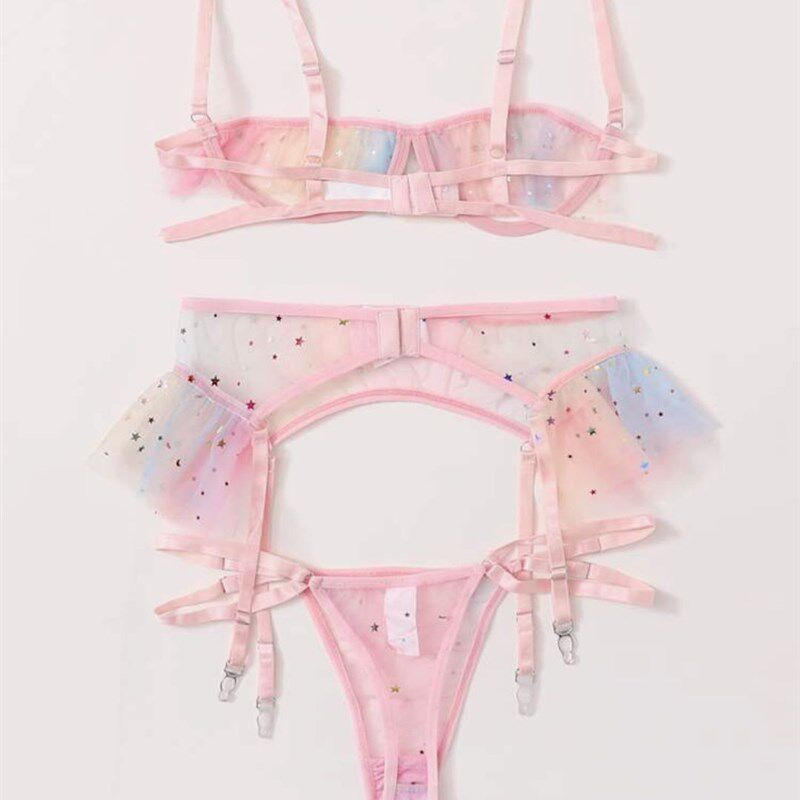 极速Womecn's pink mesh starry sky pattern underwear set