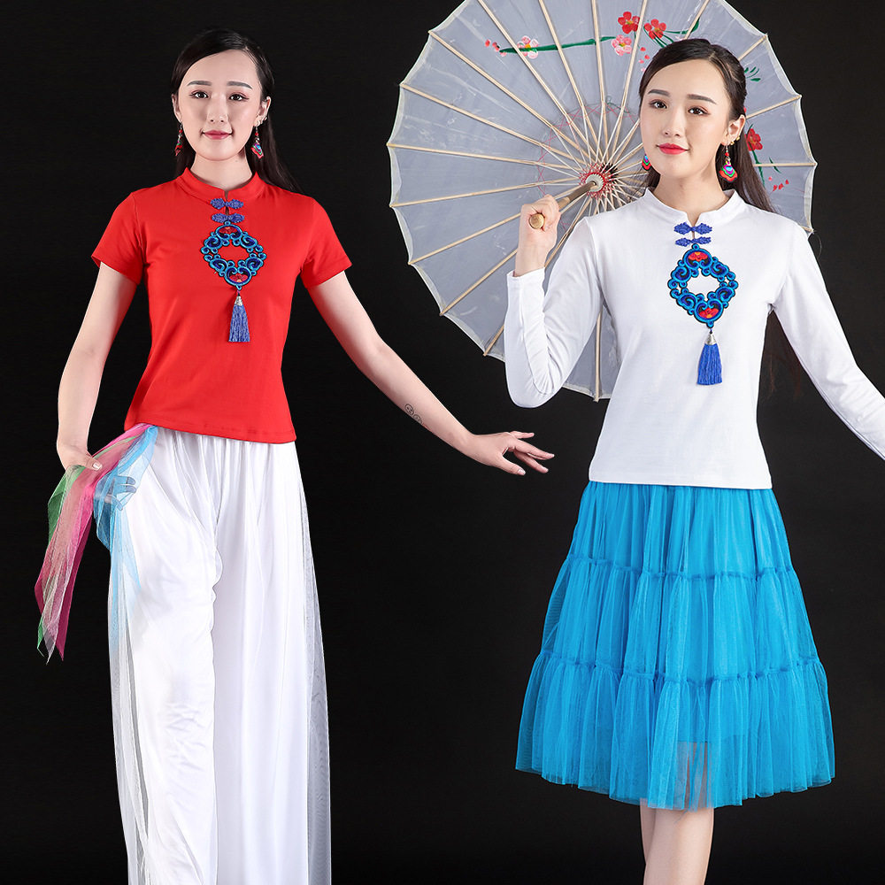 速发广场舞服装古款套装夏秋牛奶子扇丝复新民族绣花网纱裙演出云