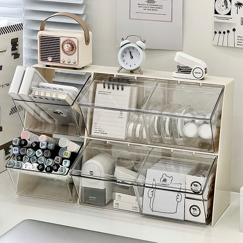 速发桌室文具收纳盒抽屉带盖办公面理物架防尘学生书桌整置置物盒