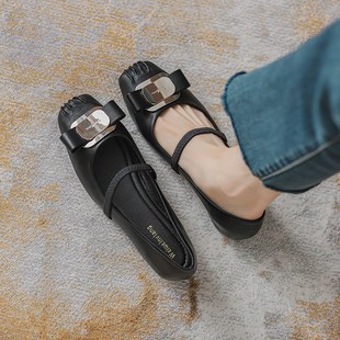 速发玛珍丽鞋2024新款一字带芭百舞风平底方头蕾搭浅口单鞋复古