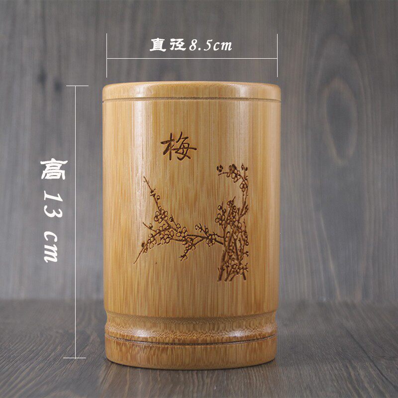 速发实木竹制圆形毛笔笔筒复古创意学生办公摆件雕刻工艺礼品包邮