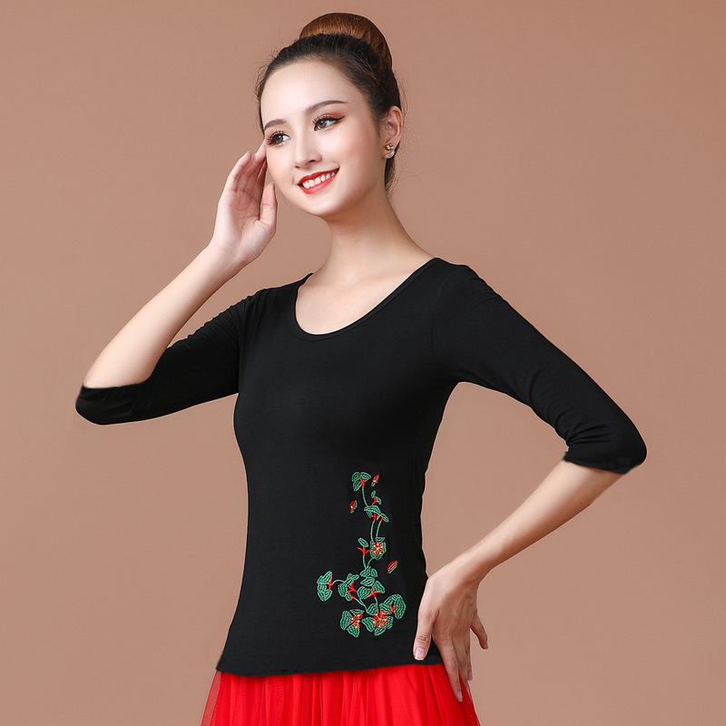 速发广场舞上衣舞蹈服女圆领外穿中袖古典舞跳舞服装莫代尔绣花练