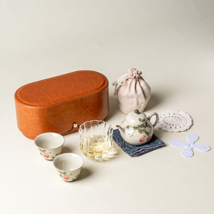 冰台手绘草莓一壶三杯旅行茶具套装便携户外皮盒陶瓷泡茶茶壶茶杯