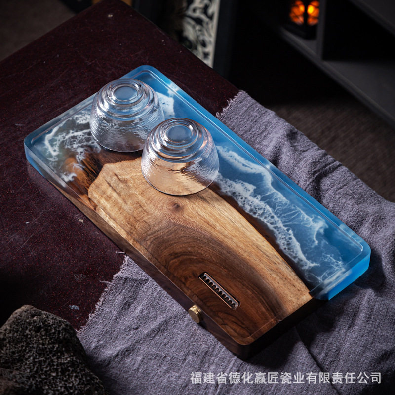 河流树脂胡桃木餐盘相思木实木点心茶盘圆形方形复古托盘批发