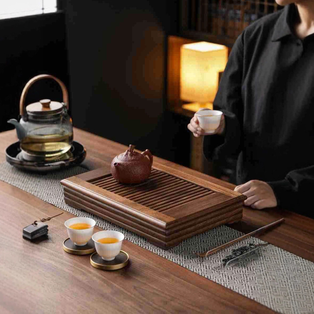 茶盘小型新中式家用办公室黑檀实木茶盘沥水式茶托盘高档蓄水茶台