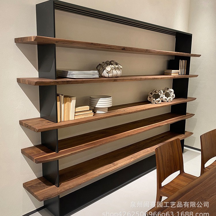 北欧实木书架铁艺满墙简约工业复古办公室陈列架展示架落地置物架