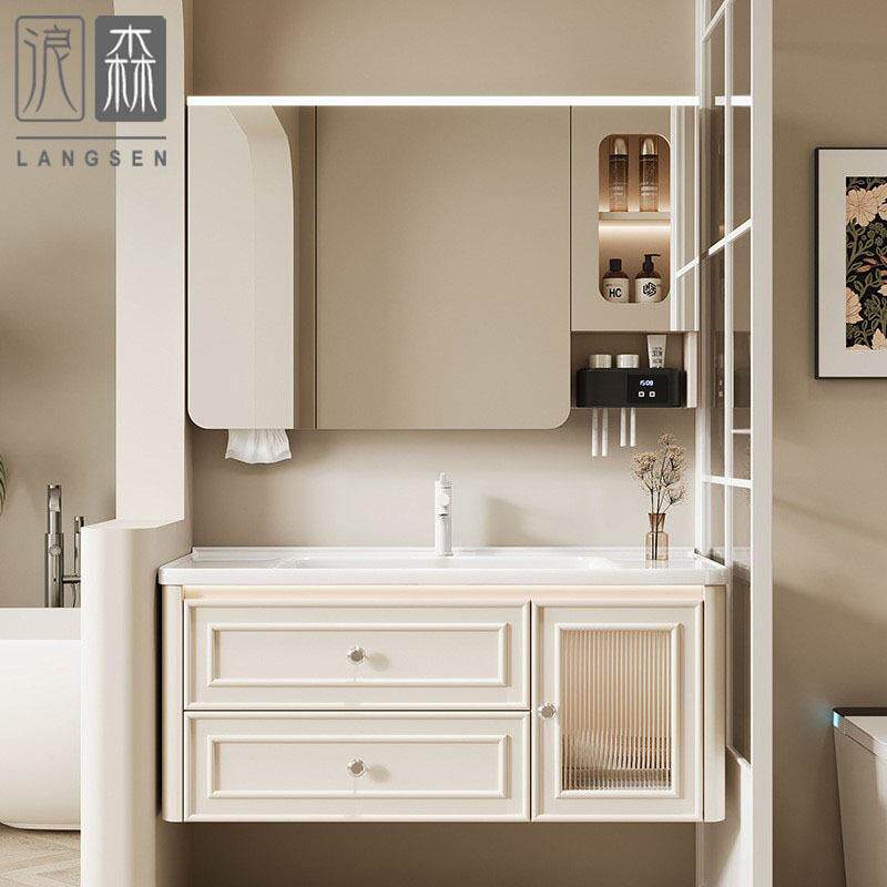 法式奶油风实木浴室柜组合陶瓷一体盆卫生间洗手脸盆柜一体洗漱台