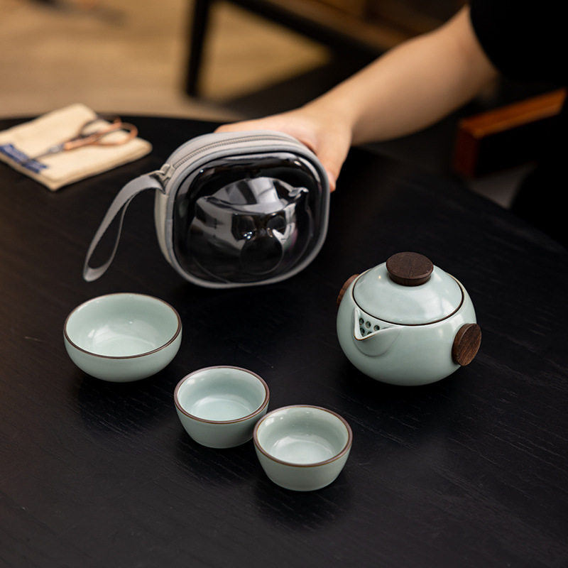 便携陶瓷茶具套装汝窑旅行茶具家用户外茶壶茶杯简约休闲泡茶器