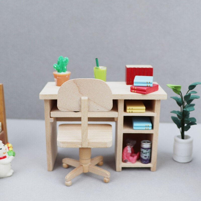1:12娃娃屋dollhouse迷你家具微缩场景摆件木质工艺品电脑桌椅子