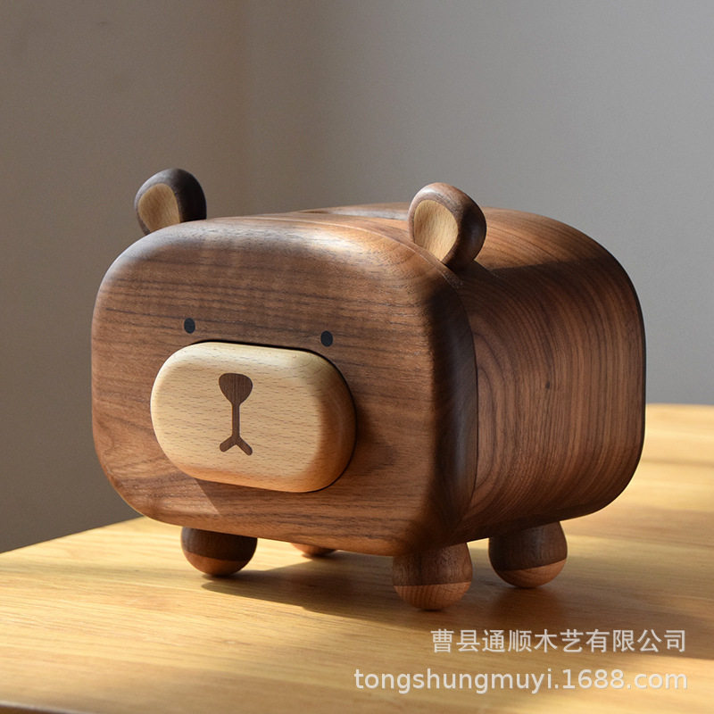 黑胡桃木可爱抽纸盒创意摆件多功能牙签筒时钟客厅纸巾盒收纳