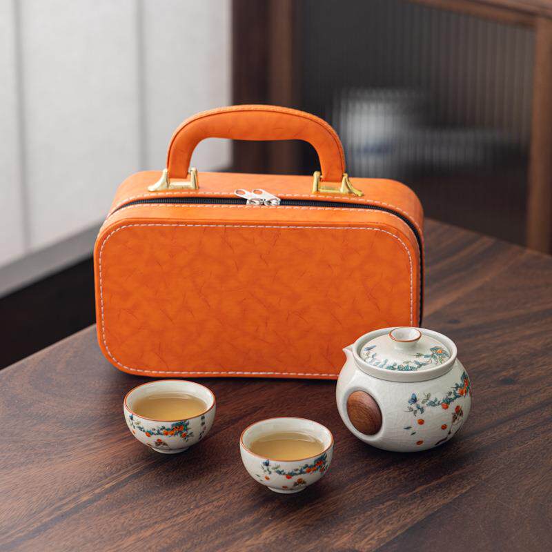 米黄汝窑开片手抓壶功夫旅行茶具快客杯汝瓷小套装便携包便携式套