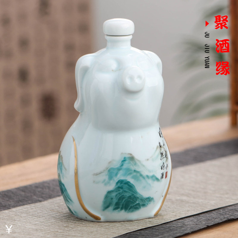 陶瓷空酒瓶三斤装诸事如意密封白酒坛子新品生肖福猪摆设酒瓶酒壶