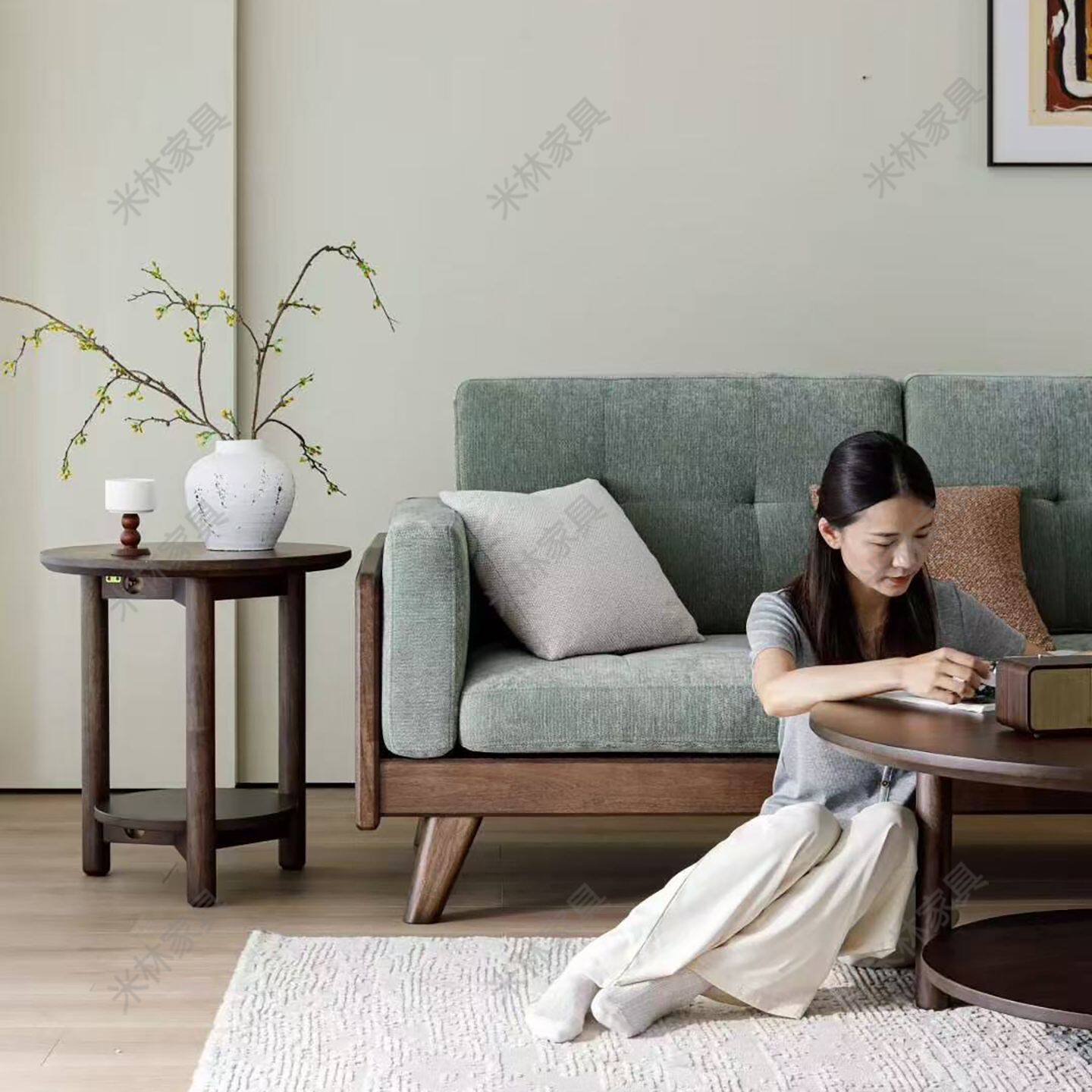实木胡桃木沙发中式小户型客厅直排组合现代简约三人位转角