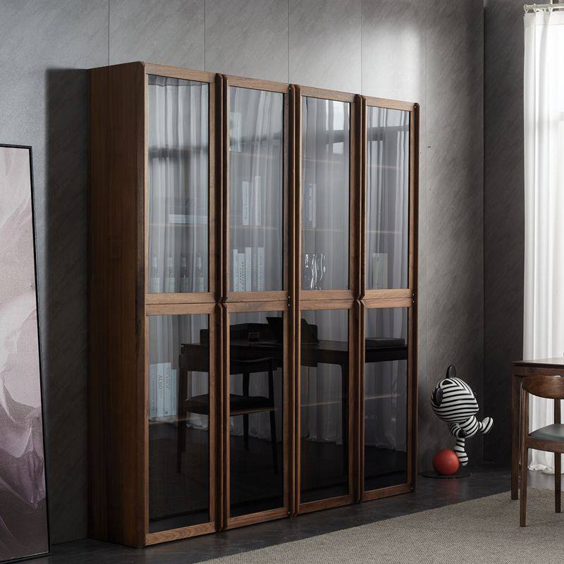 北美黑胡桃木组合书柜 全实木玻璃门书架 现代简约置物柜客厅书架