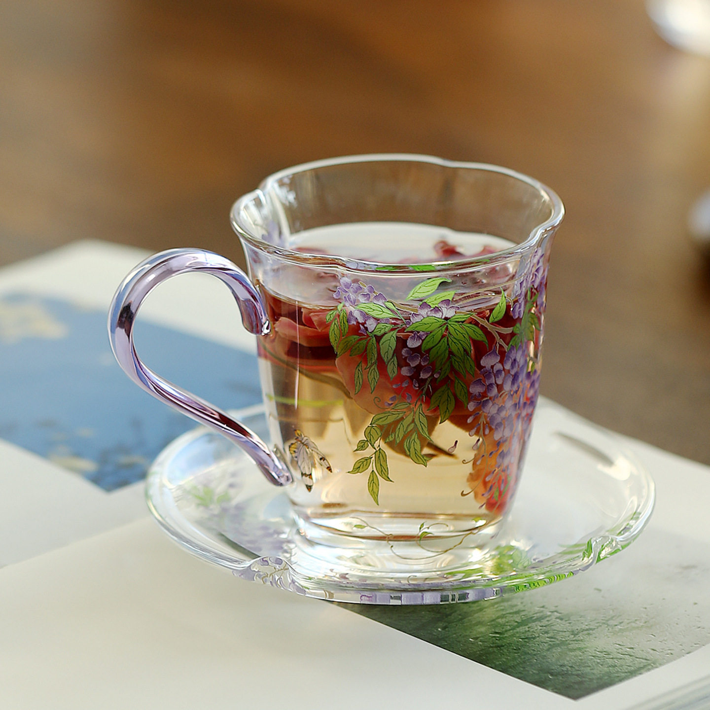 新中式紫藤花玻璃茶咖杯花瓣杯办公室咖啡杯喝茶杯水杯带杯垫组合