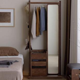 北欧实木黑胡桃衣帽架旋转穿衣镜北美樱桃木挂衣架现代简约置物架