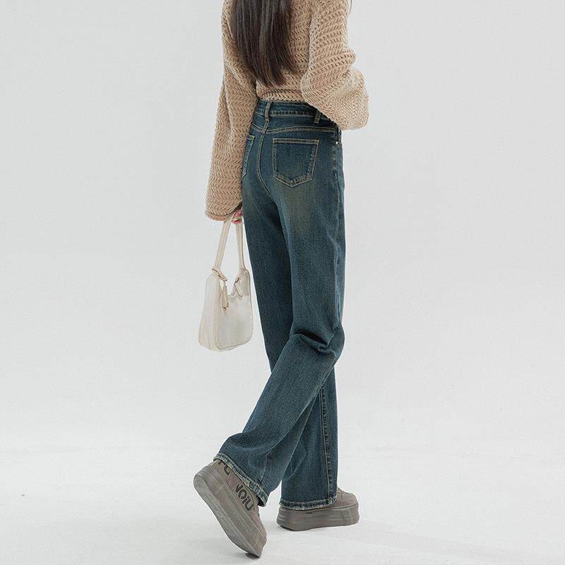 窄版直筒牛仔裤女春秋阔腿裤高级复古深色弹力小个子秋冬2025新款