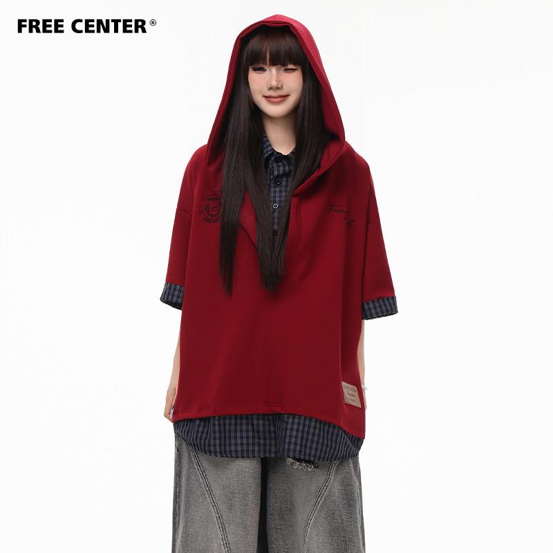 Free Center280G美式假两件格纹衬衫短袖夏高级感连帽T恤男女上衣
