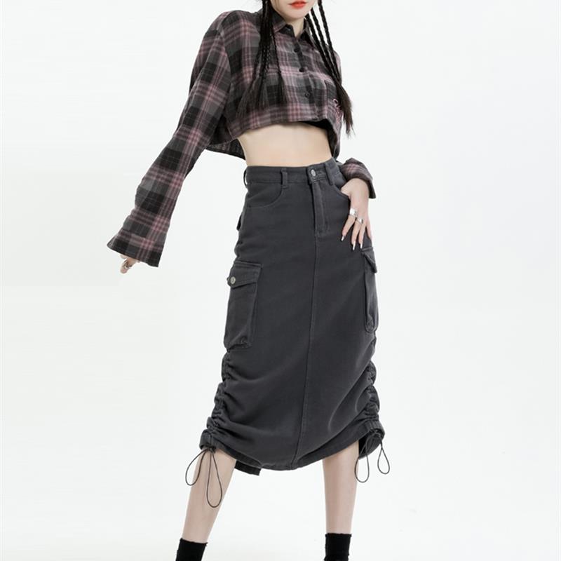 深灰色工装牛仔半身裙女2025年春季新款高腰开叉小个子A字包臀裙