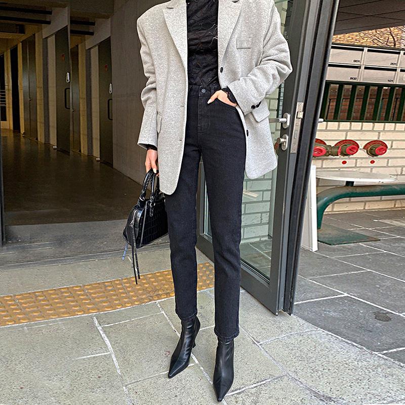 黑色棉弹牛仔裤女直筒2025春夏季新款修身显瘦法棍裤九分烟管裤子