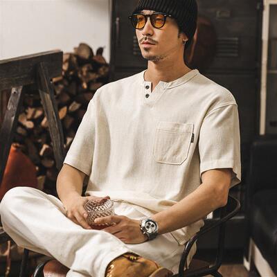 美式复古老钱风亚麻亨利领短袖男款T恤2026新款夏季潮牌Polo衫男