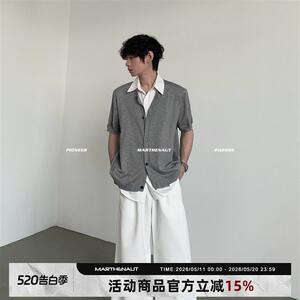 MARTHENAUT小众设计感针织假两件短袖衬衫夏季翻领时尚潮流上衣