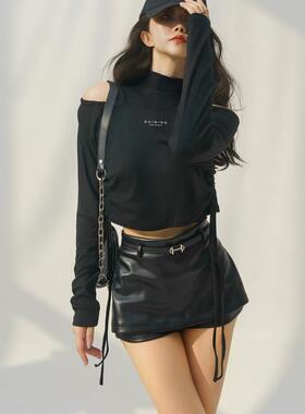 MOONA黑色皮裤短裤女秋冬外穿打底高腰显瘦休闲修身pu皮包臀裙裤