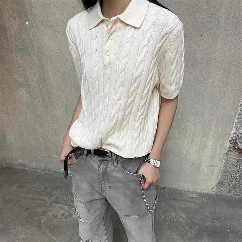 IWTFF 绞花Polo领精梳长绒棉短袖男boxy短宽合身正肩针织T恤miu系