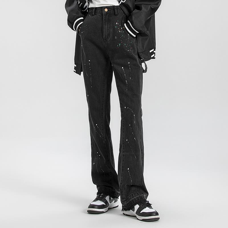 VAST&HAZY泼墨牛仔裤高腰宽松显瘦直筒微喇叭高街abg辣妹美式裤子