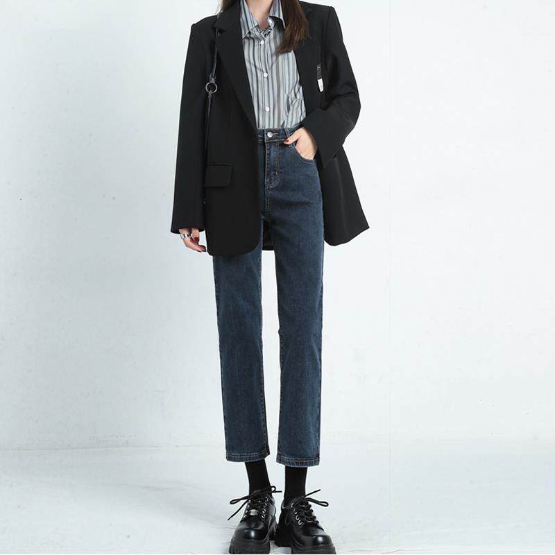 牛仔裤女直筒2024秋冬季新款高腰小个子修身显瘦九分窄版烟管裤子