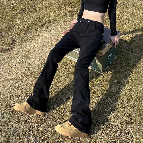 apocket新款美式高街黑色微喇叭牛仔裤男女弹力显瘦cleanfit裤子